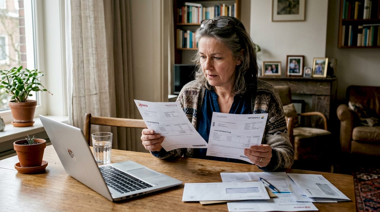 Vrouw bekijkt en vergelijkt haar energierekeningen aan de eettafel