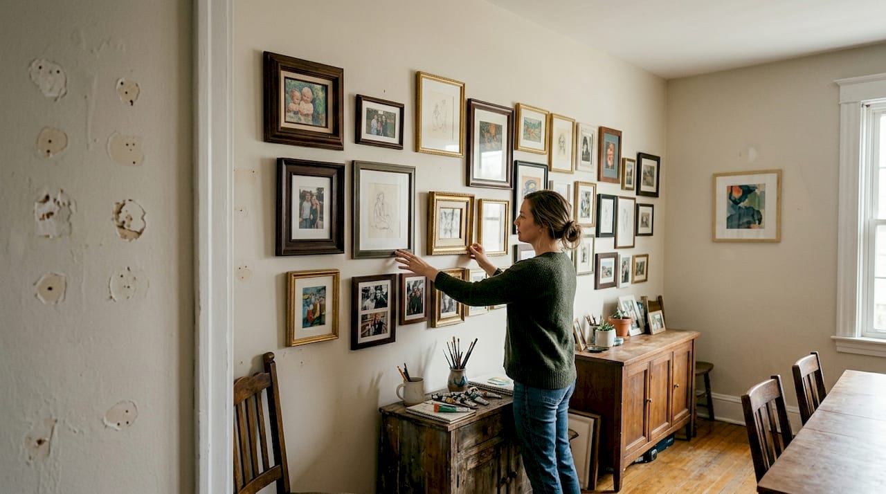 Woman adjusting mismatched frames gallery wall