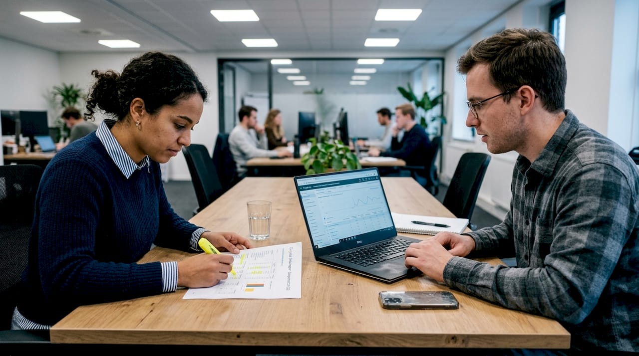 Collega’s bekijken samen het rapport van de Google Ads-campagne