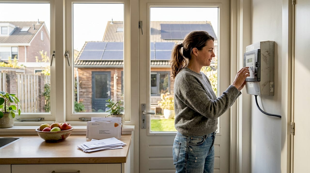 Een vrouw bekijkt de digitale meter in de buurt van de keuken.