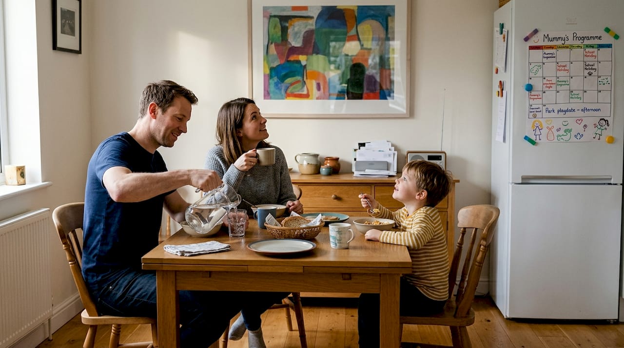 Familie eet en reageert op wandkunst