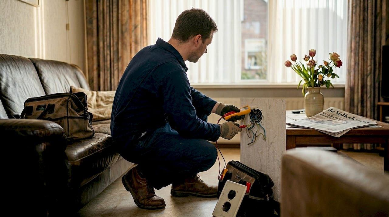 Een elektricien is bezig met het vernieuwen van de oude elektra in de woonkamer.