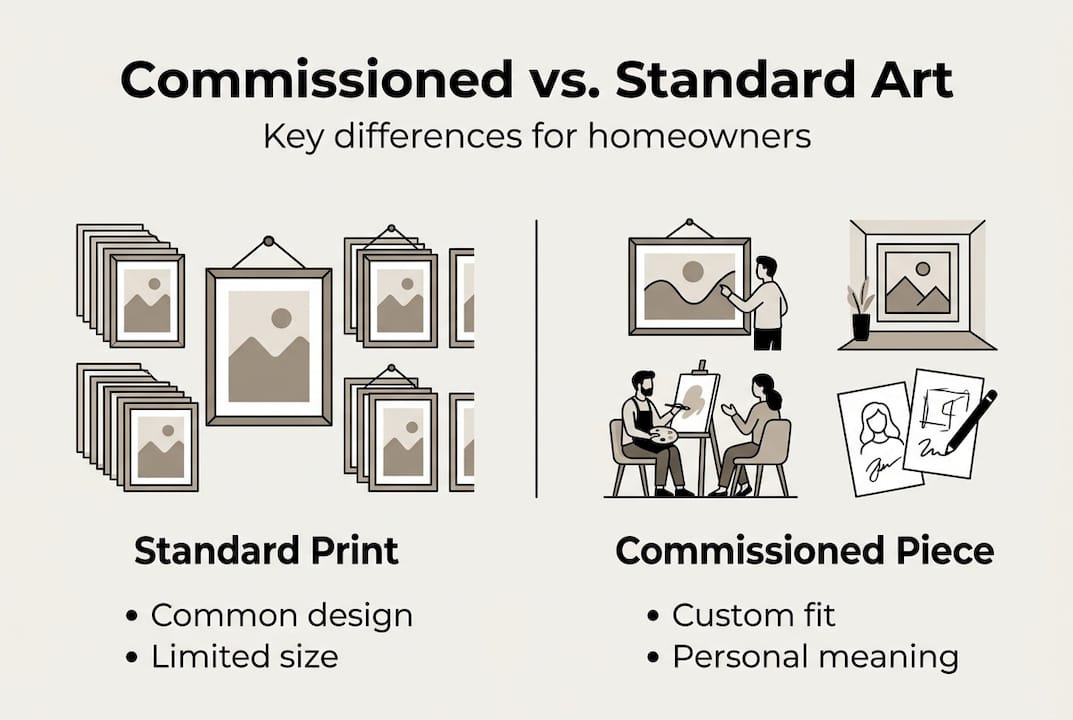 Infographic die standaard en in opdracht gemaakte kunst contrasteert