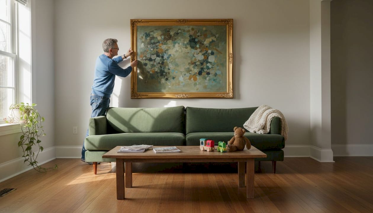 Man hangt kunst in opdracht boven groene bank