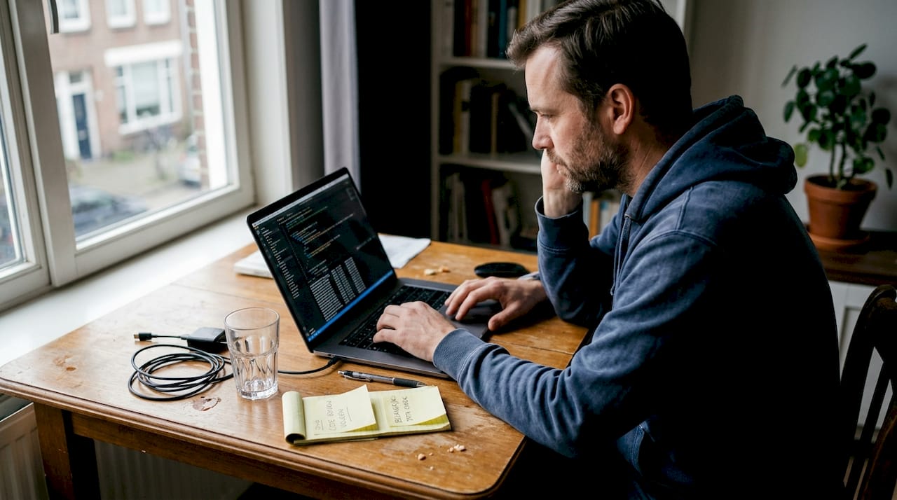 Een man bekijkt thuis de trackingcode van zijn browser op zijn computer.