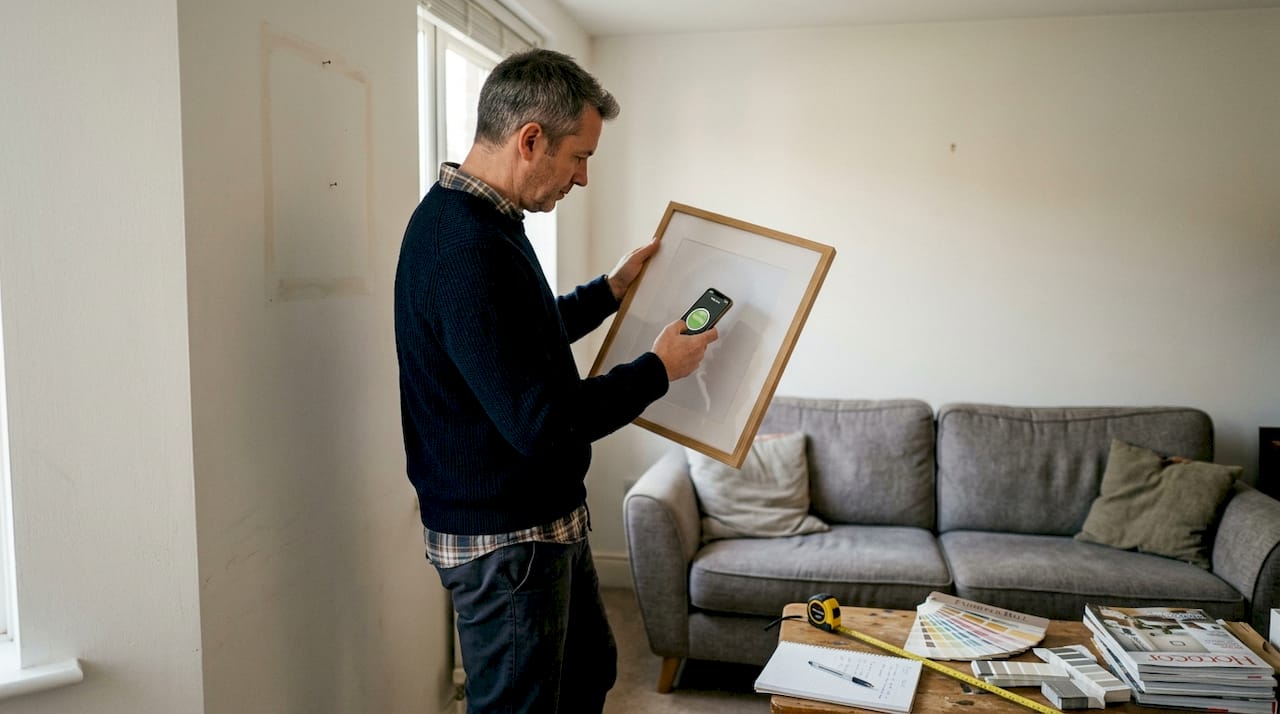 Man die een ingelijste kunstmockup aan de muur uitlijnt