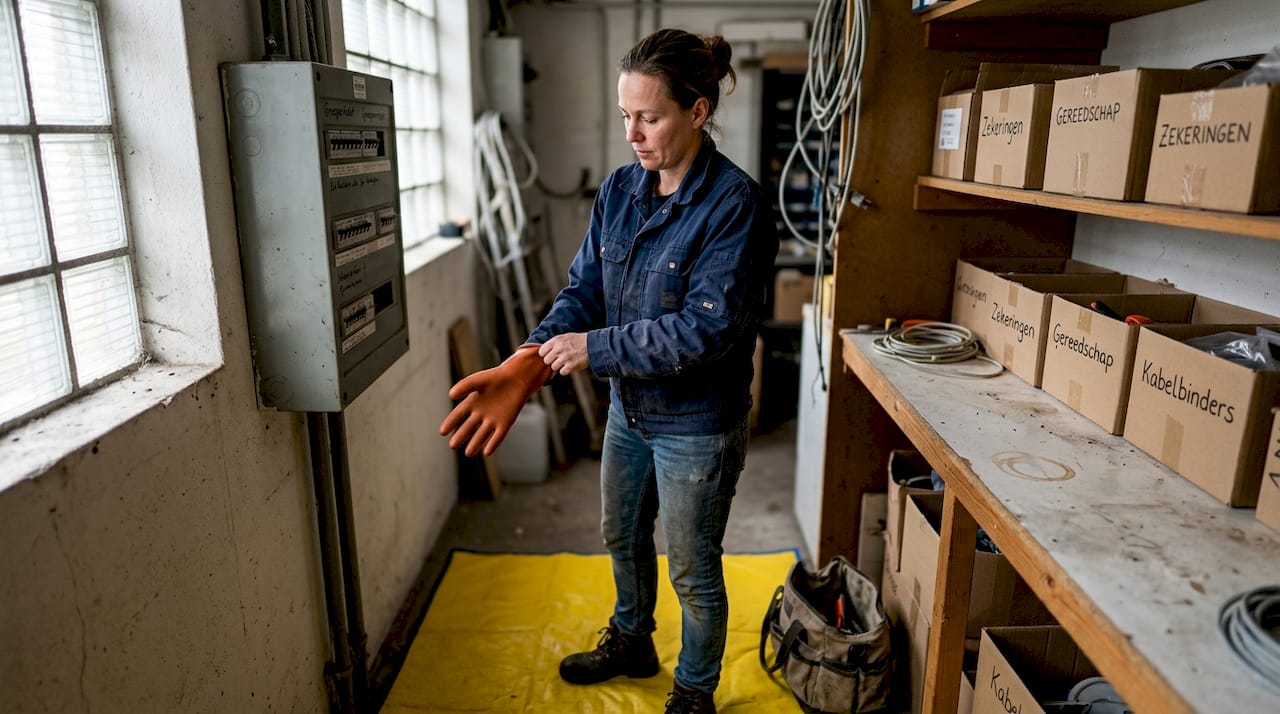 Voordat hij aan de groepenkast werkt, doet de monteur eerst zijn geïsoleerde handschoenen aan.