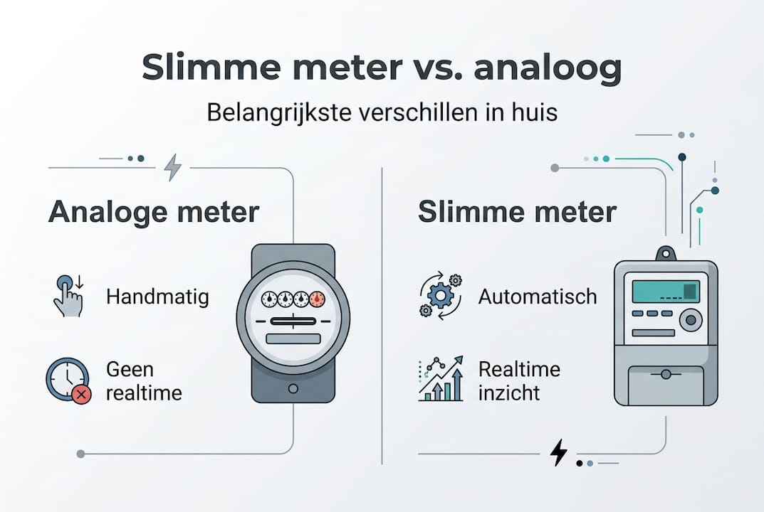 Overzichtelijke infographic zet de verschillen tussen de slimme meter en de traditionele meter op een rij.
