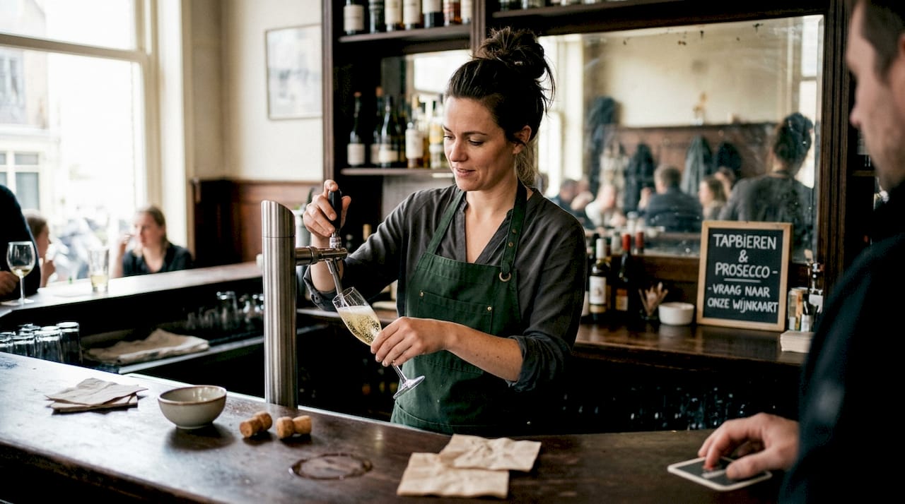 Achter de bar tapt de barvrouw een glas prosecco voor de gasten.