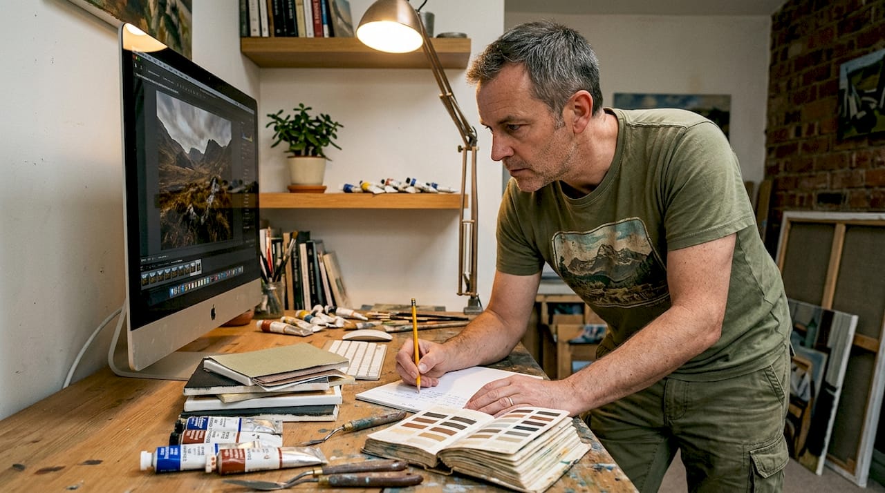 Man preparing artwork files in studio
