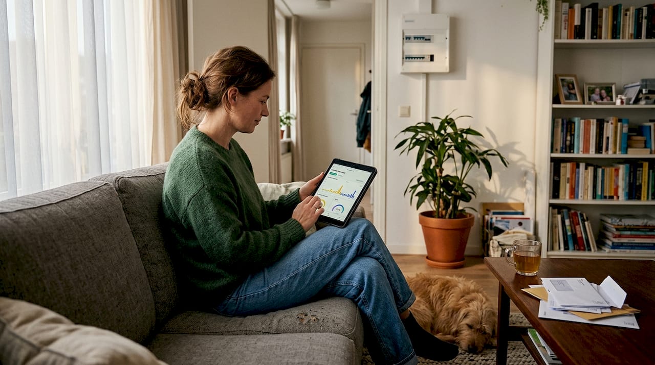 Een vrouw houdt het energieverbruik in de woonkamer goed in de gaten.