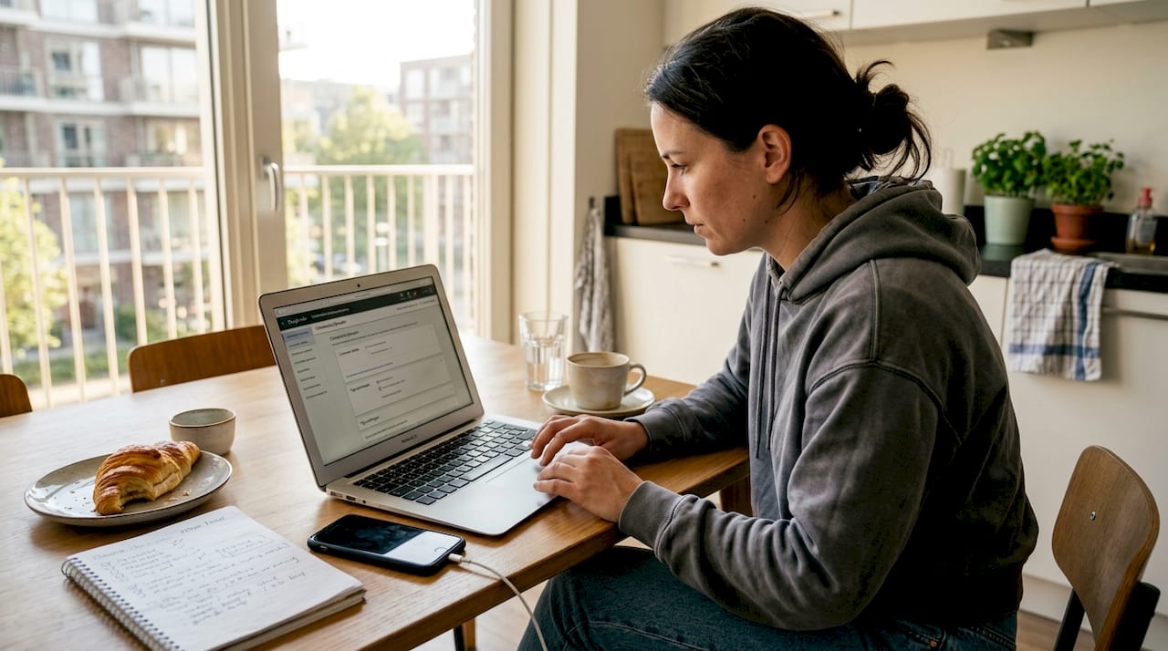 Een marketeer lost problemen met advertentietracking op zijn laptop op.