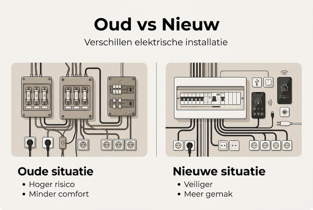 Infographic: vergelijking tussen een traditionele en een moderne elektrische installatie