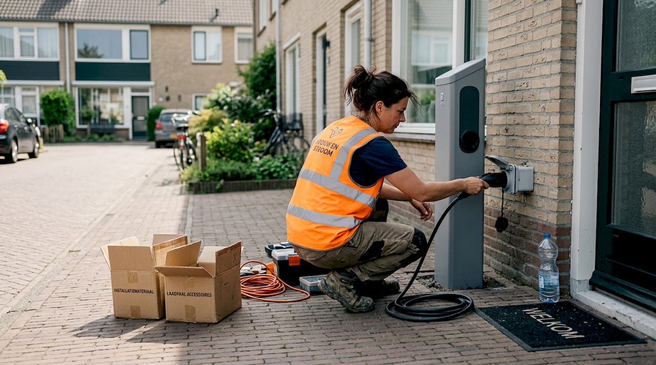 Een elektricien installeert een laadpaal bij iemand thuis.