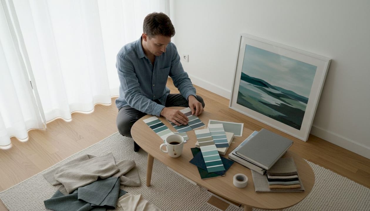 Man matching custom art with room colors