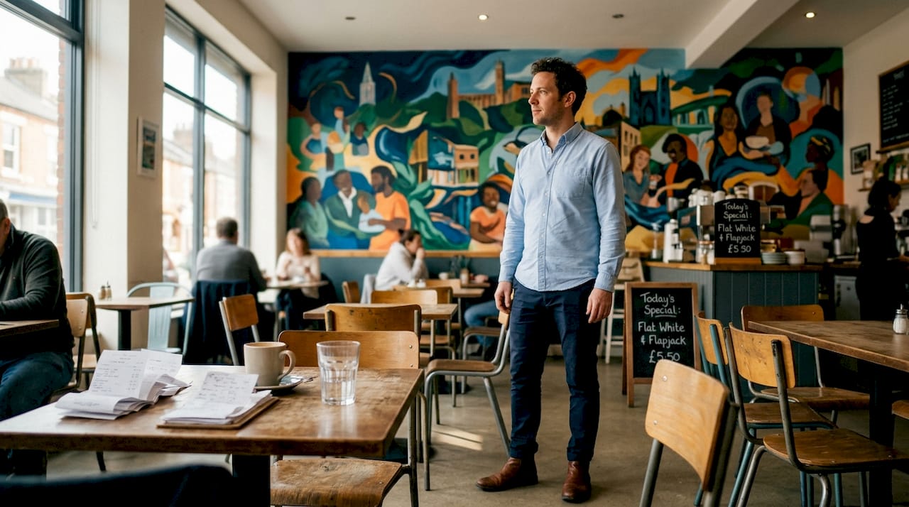 Director contemplating café brand mural