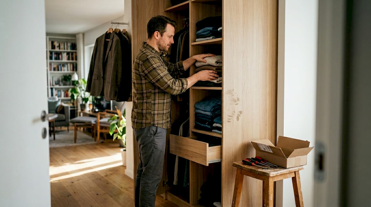 Man ruimt zijn open kledingkast netjes in