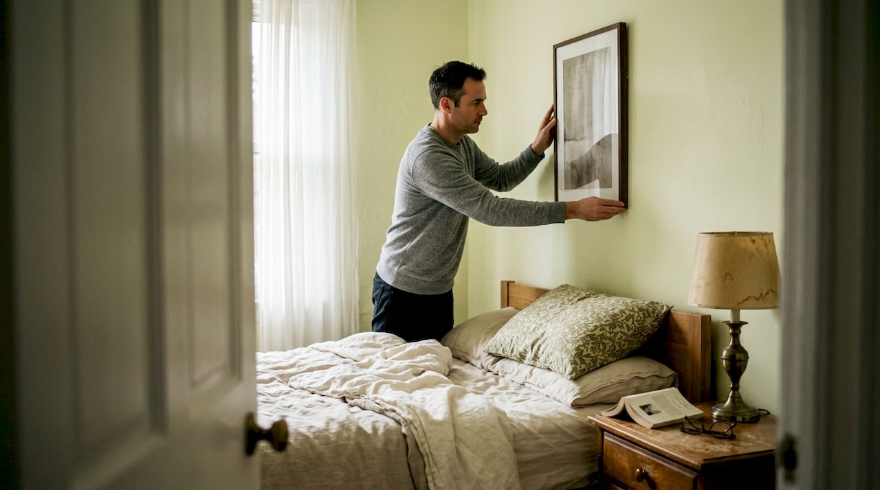Calm bedroom with muted Wabi Sabi art