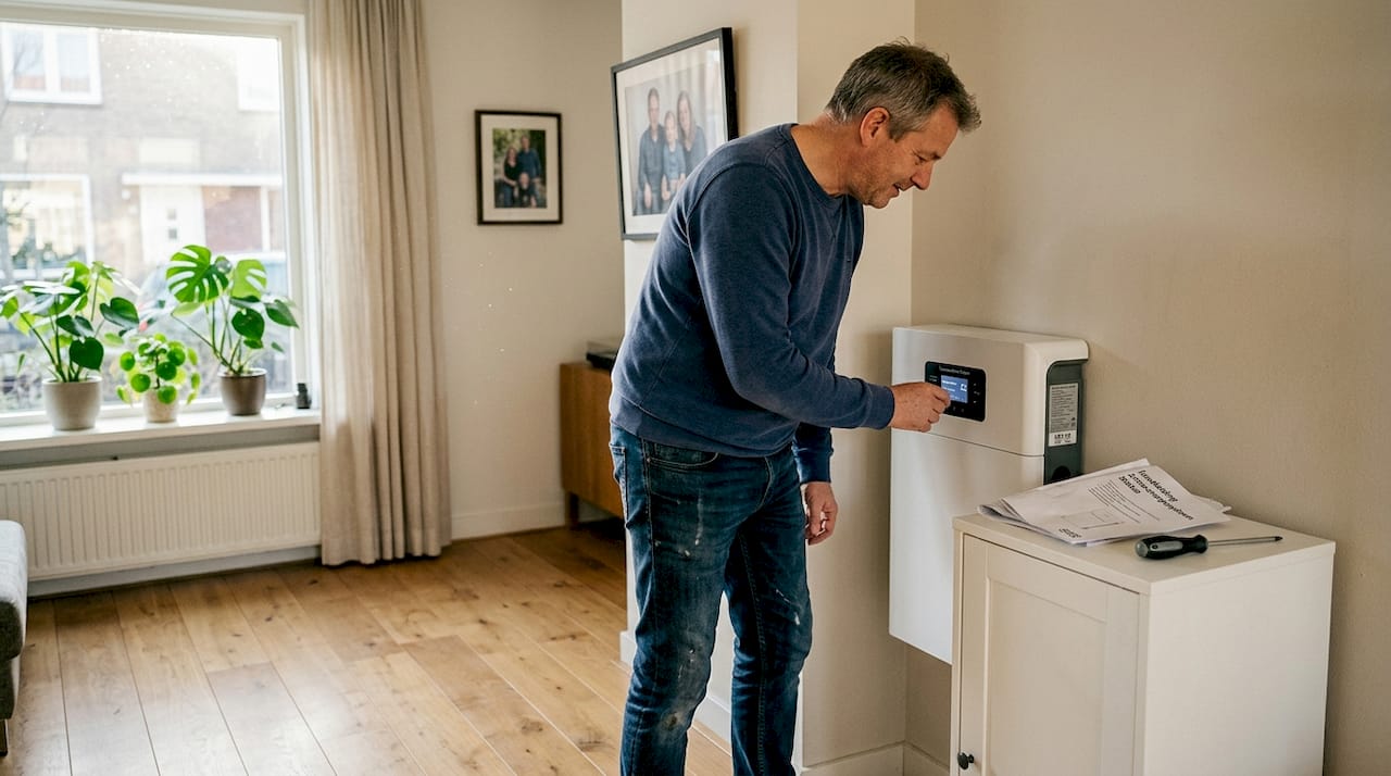 Een man bekijkt de status van zijn thuisbatterij in de woonkamer.