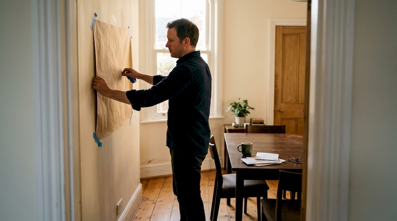 Man plakt papier aan muur om kunstmaat te testen