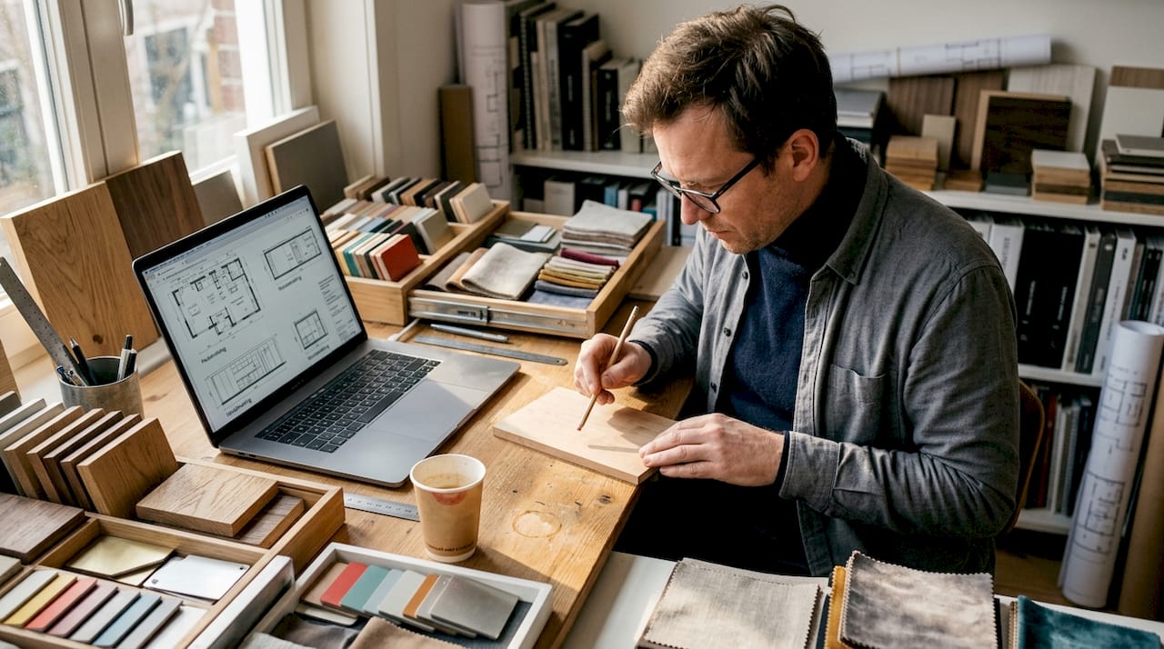 Een interieurontwerper bekijkt en vergelijkt verschillende materiaalstalen voor een kledingkast aan het bureau.
