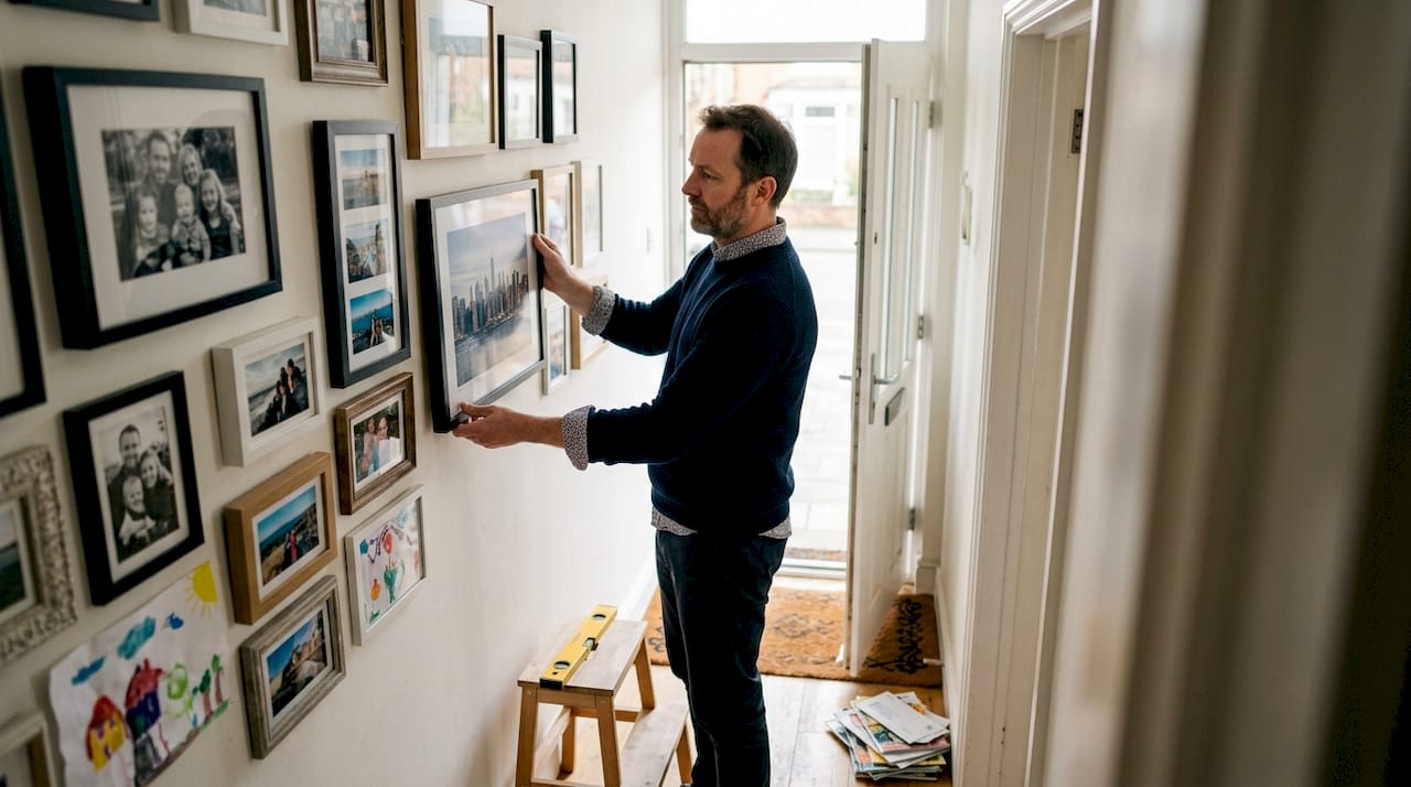 Man die print ophangt aan galerijmuur in hal