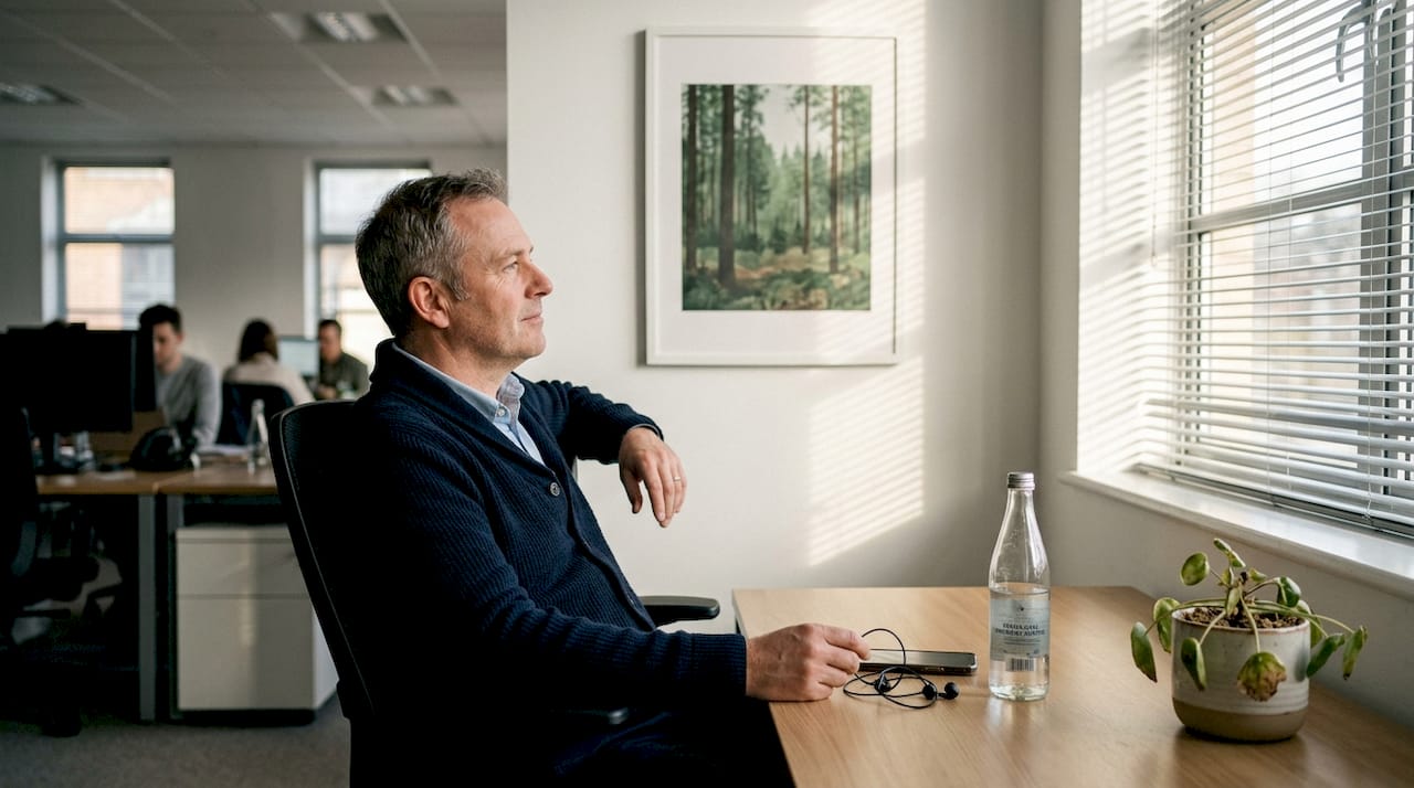 Employee relaxing with art in open-plan workspace