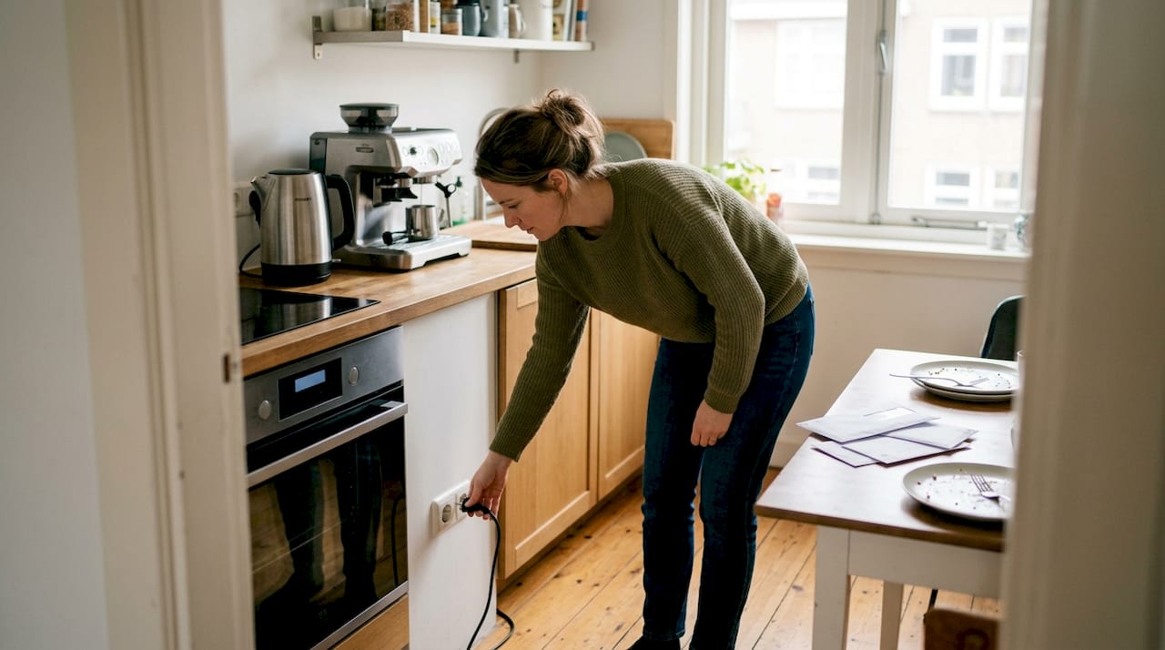 Vrouw haalt stekker uit het stopcontact na storing in keukenapparaat