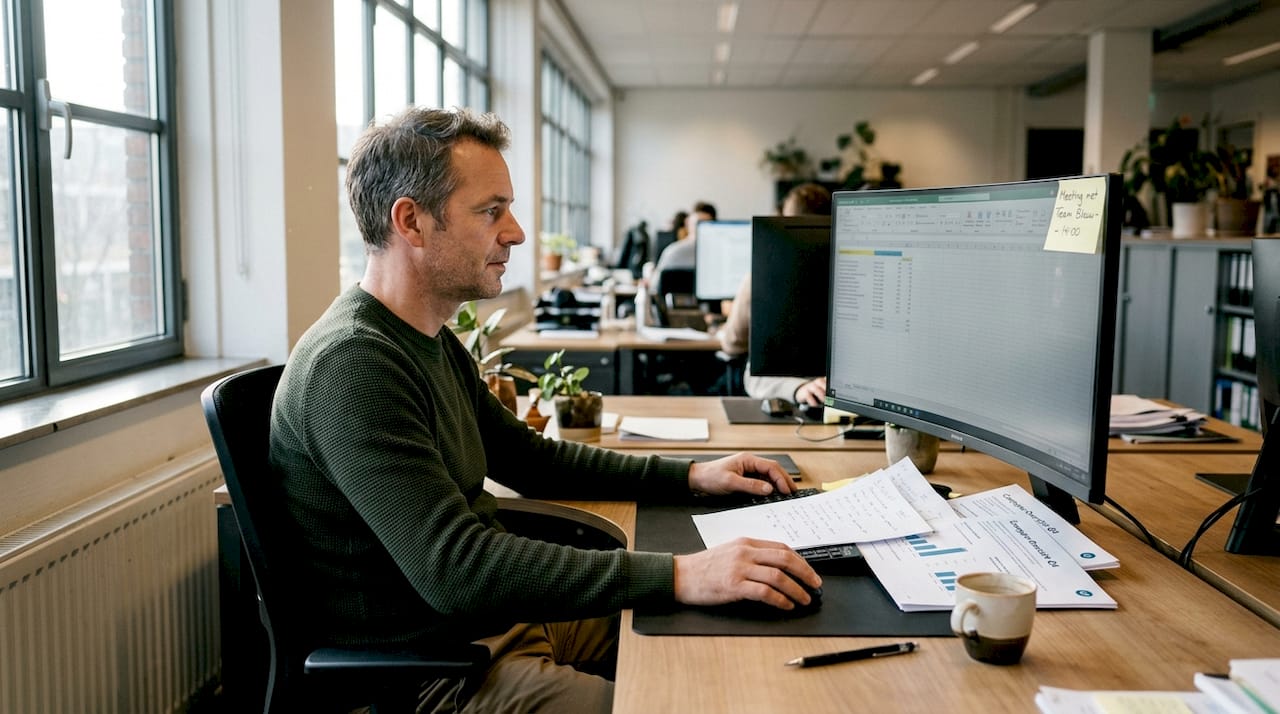 Man stuurt marketingcampagnes aan vanuit een open kantoorruimte