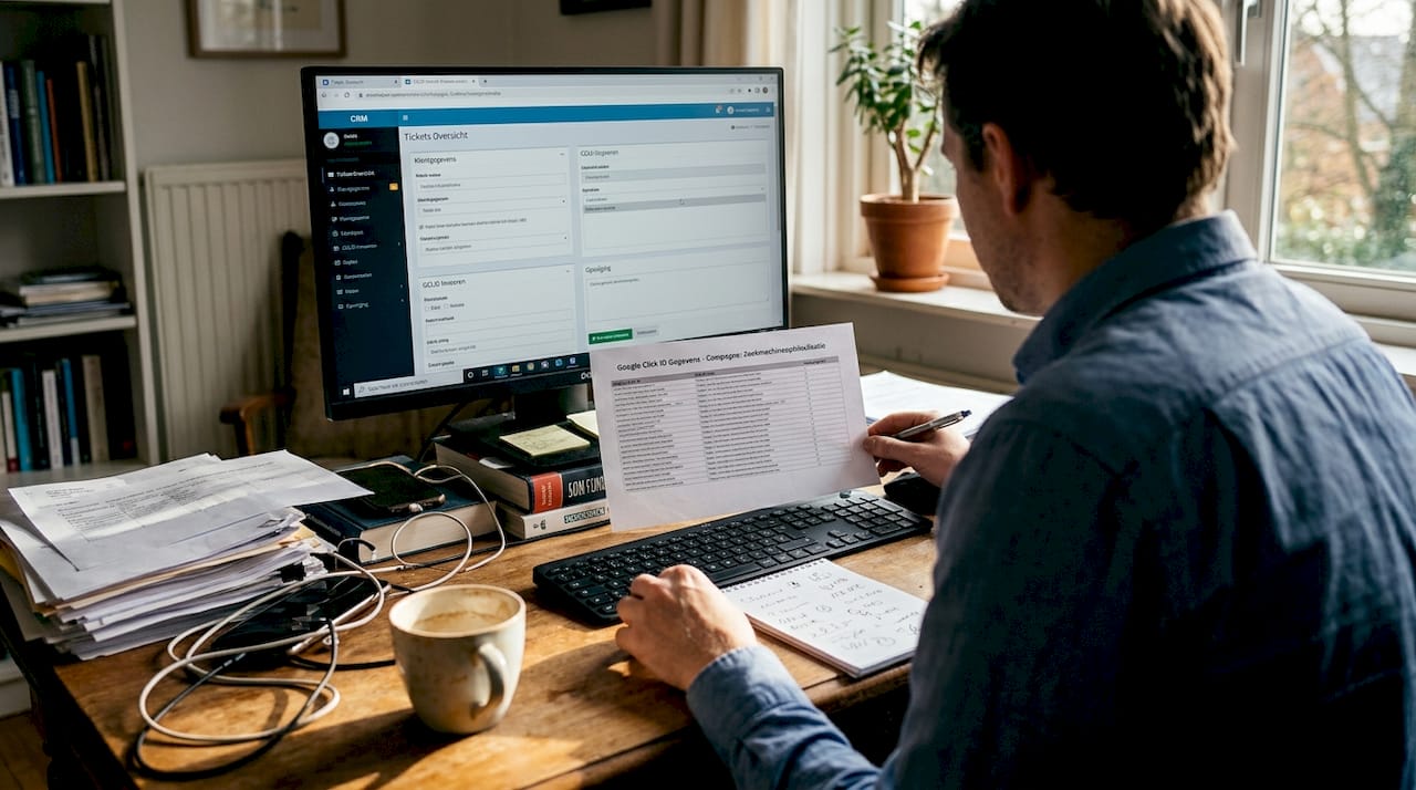 De technische dienst voert handmatig GCLID-gegevens in het CRM-systeem in aan de hand van geprinte lijsten.
