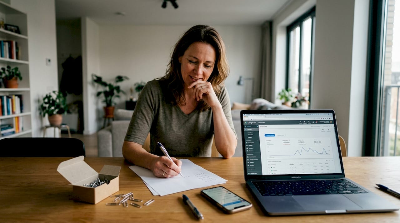 Een vrouw zit aan de keukentafel verdiept in de resultaten van haar Google Ads-campagne.