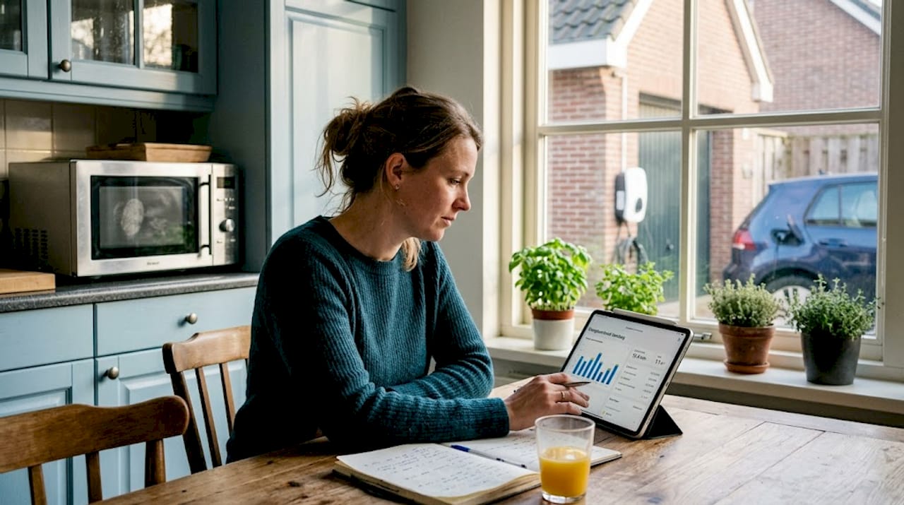 Een vrouw houdt het energiesysteem op haar keukentafel nauwlettend in de gaten.