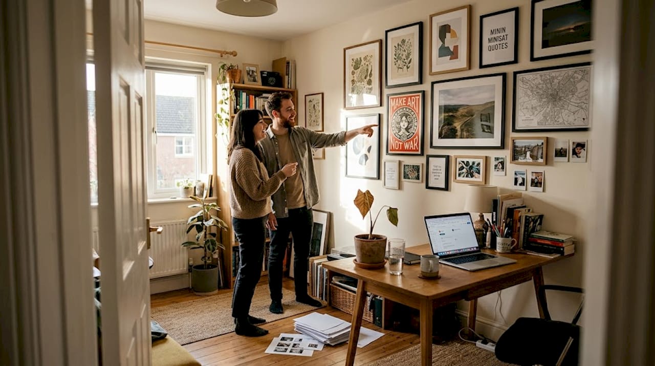 Paar dat decoratieve prints van een galerijmuur beoordeelt