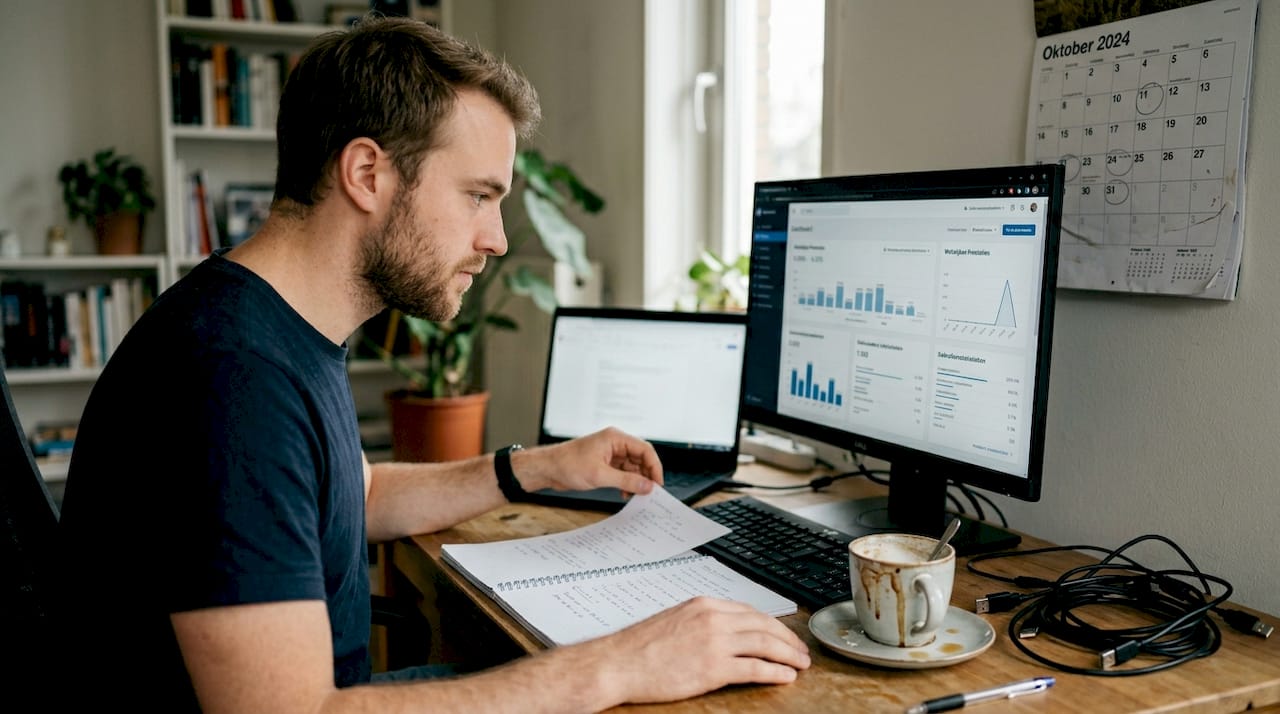 Man bekijkt zijn dashboard te midden van de chaos op zijn thuiswerkplek