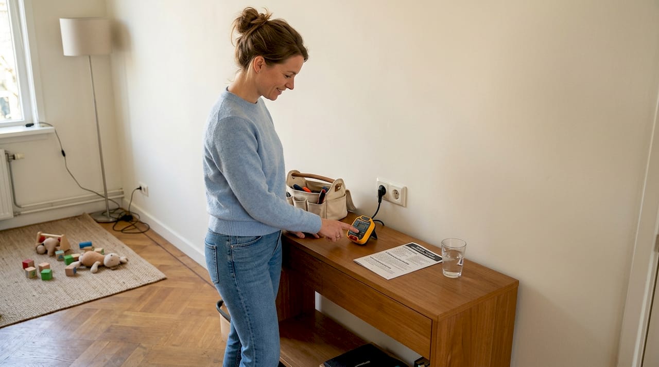 Een huiseigenaar controleert het stopcontact met een speciale tester.