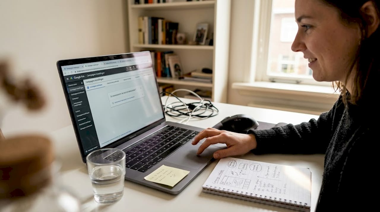 Een vrouw is achter haar bureau bezig om haar Google Ads-account te organiseren.