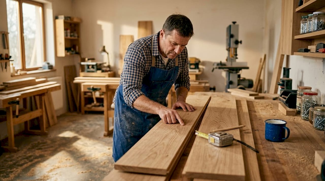 Een vakman inspecteert zorgvuldig eikenhouten planken voor de bouw van een nieuwe kledingkast.