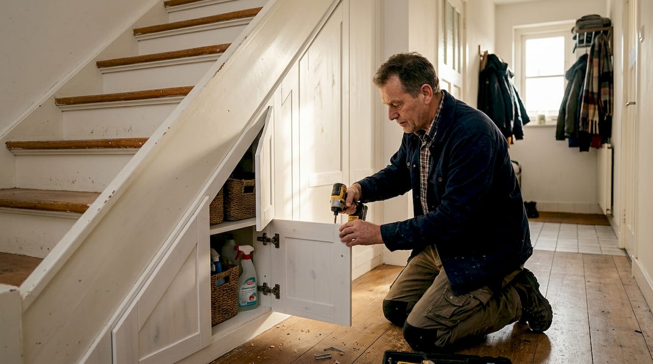 Klusjesman rondt inbouwkast onder de trap netjes af