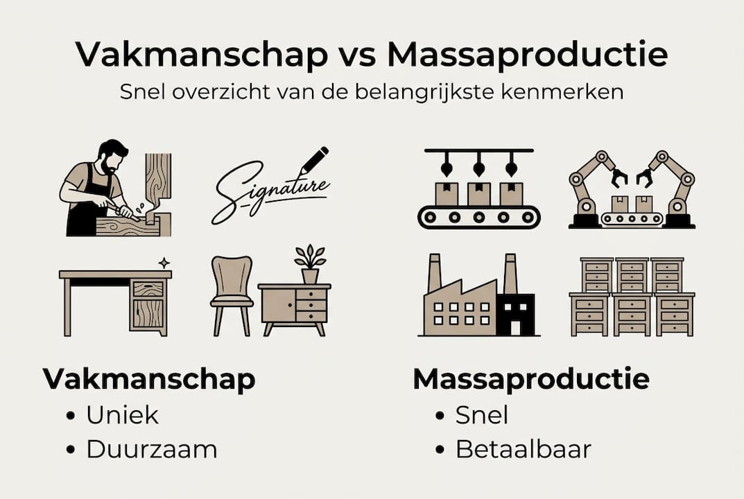 In één oogopslag zie je het verschil tussen ambachtelijk werk en massaproductie in deze infographic.