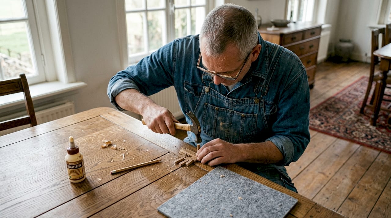 Een timmerman zet nauwkeurig houten verbindingen in elkaar.