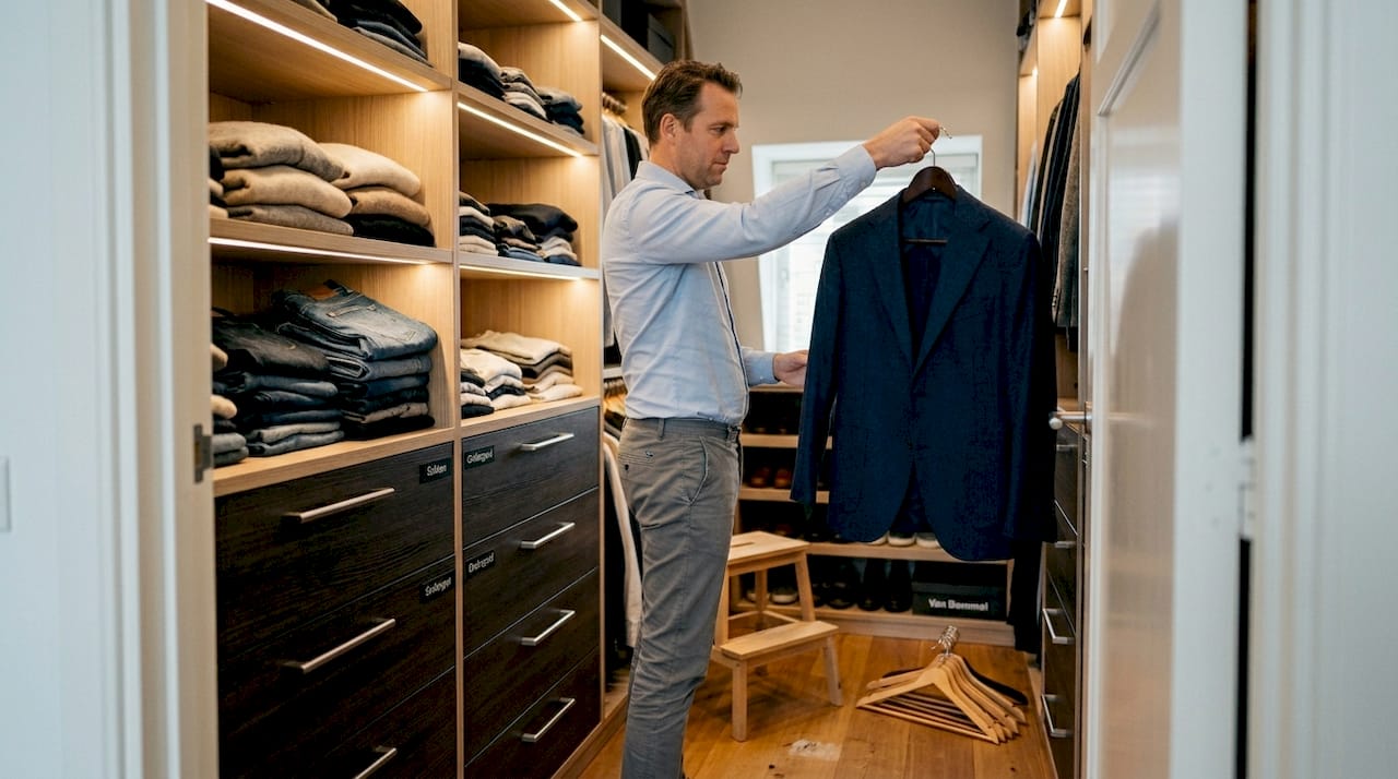 Man hangt zijn colbert netjes op in een luxe inloopkast.