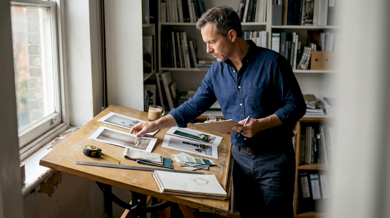 Interior designer reviewing custom art samples