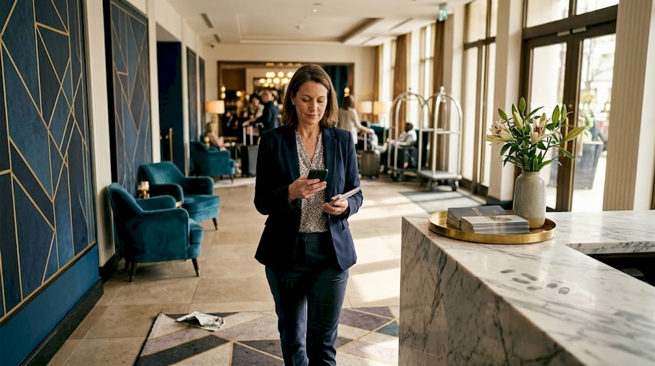 Manager in Neo Deco hotel lobby