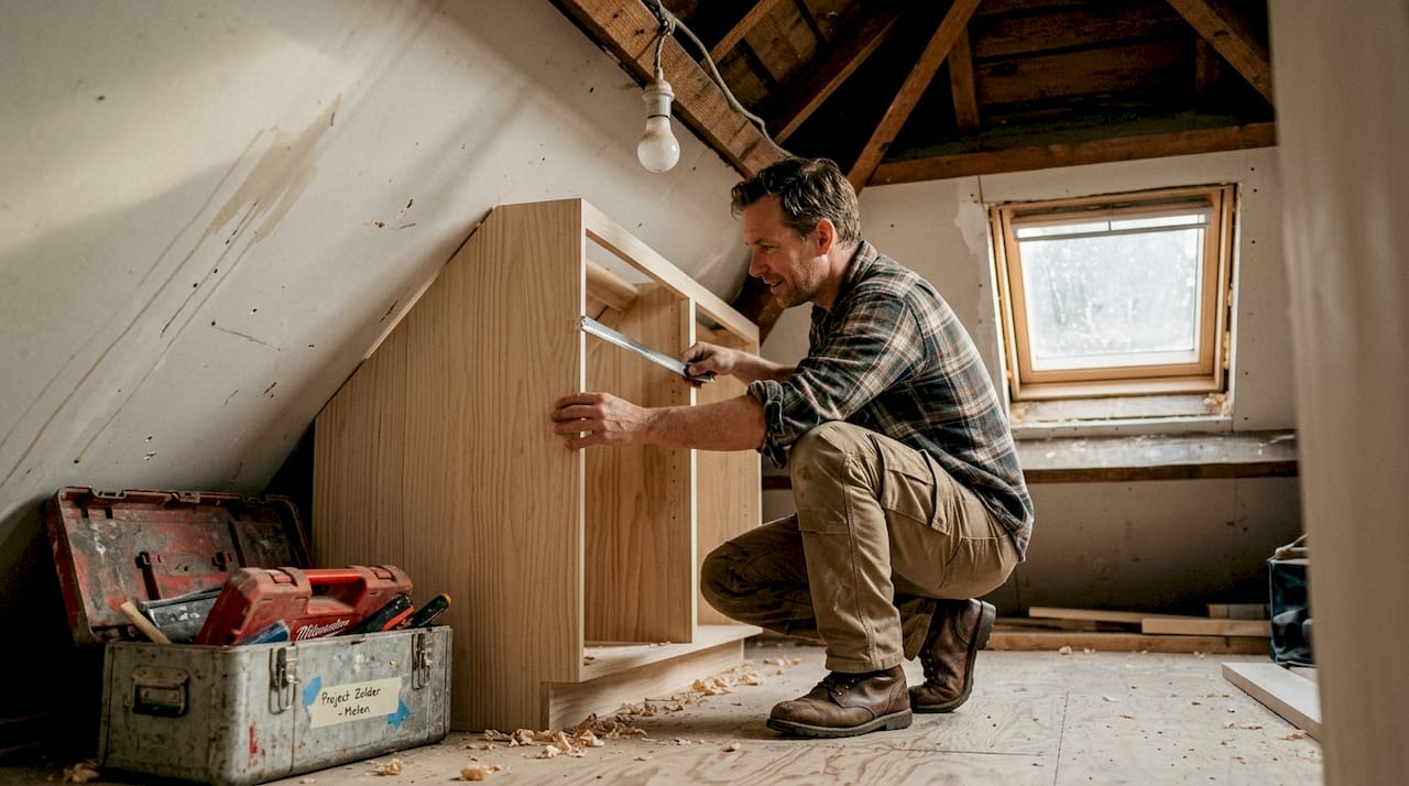 Een timmerman plaatst een op maat gemaakte kast onder een schuin dak.