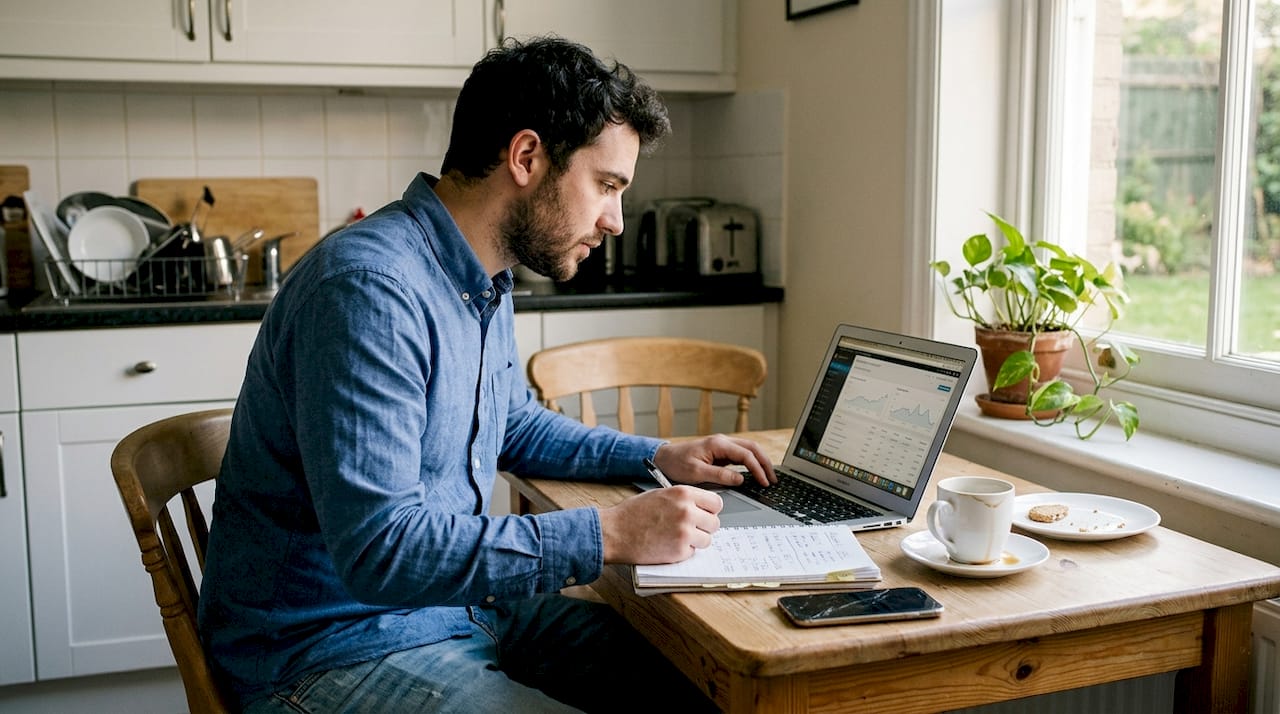 Een ondernemer zit aan de keukentafel plannen te maken voor het advertentiebudget.