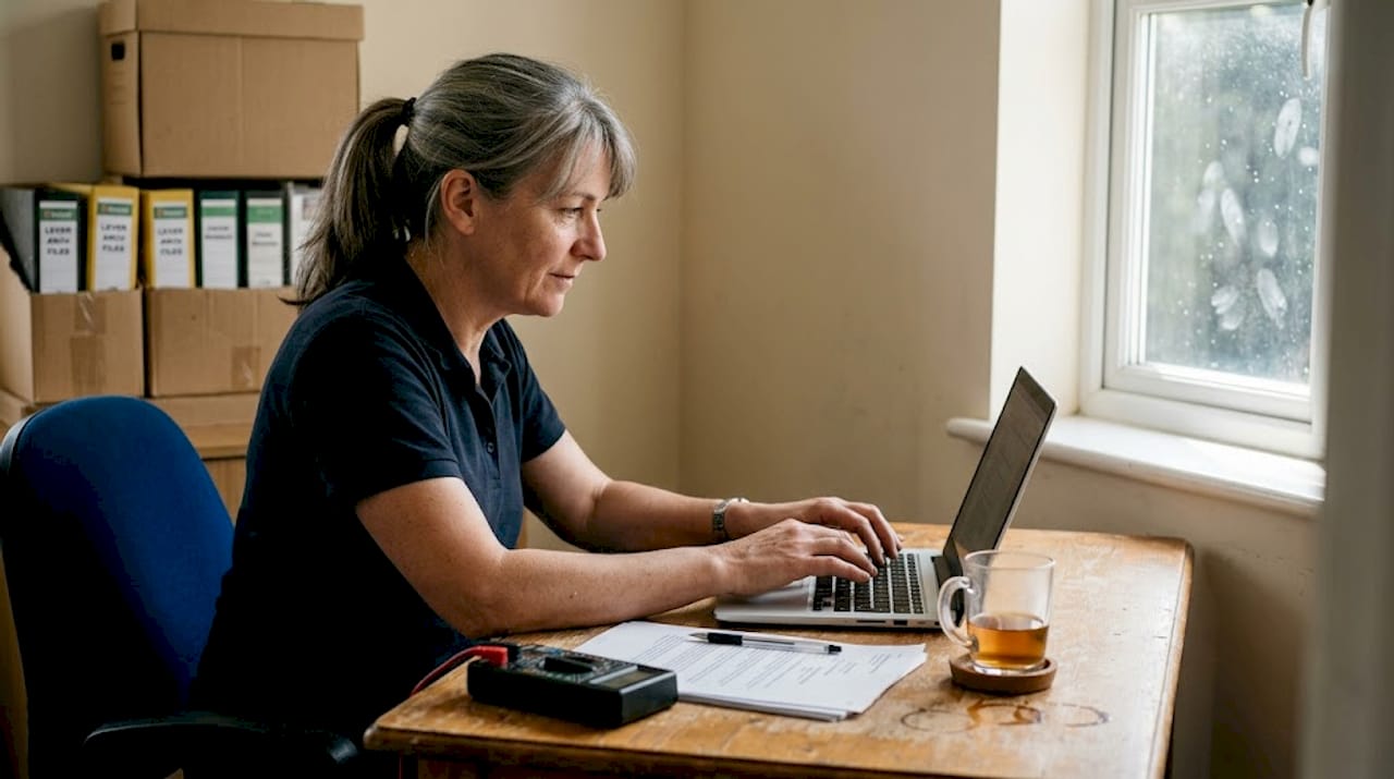 De manager noteert de uitkomsten van de inspectie op kantoor.