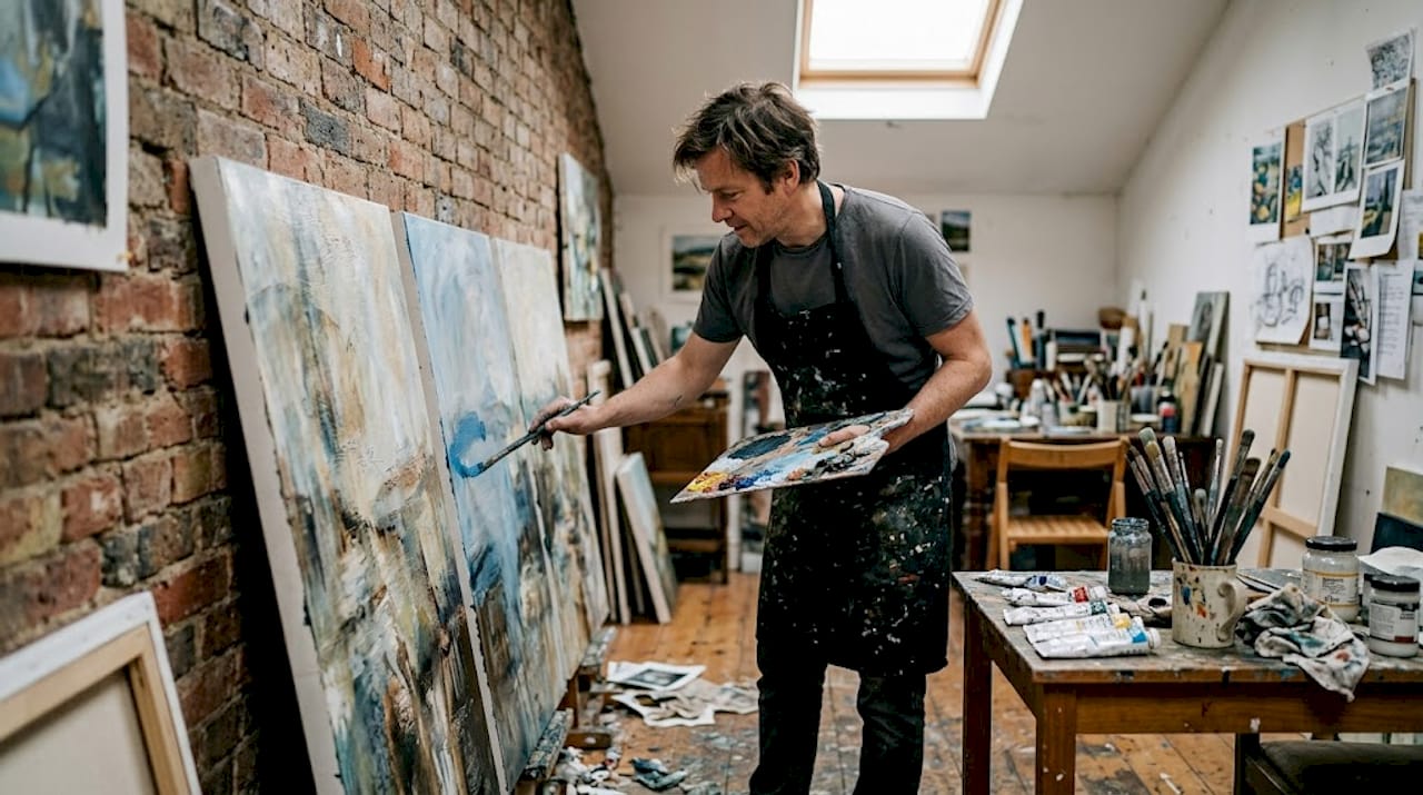 Kunstenaar werkt aan kunstwerk op canvas met meerdere panelen