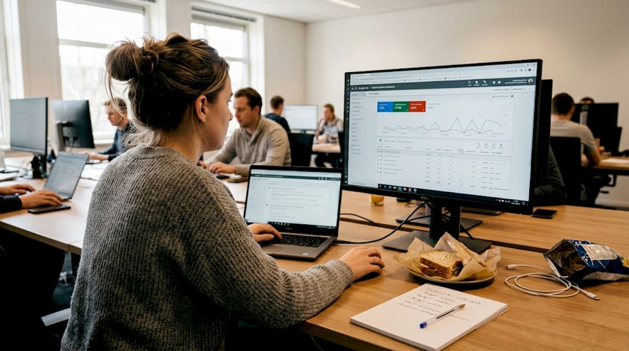 Een marketeer analyseert de conversiecijfers op het dashboard.