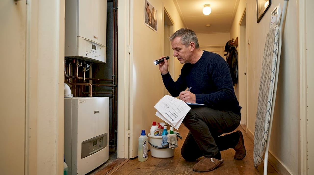 Een huiseigenaar controleert de cv-ketel in de gang.