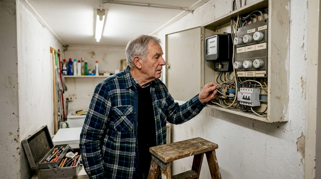 Man inspecteert volle en ouderwetse meterkast